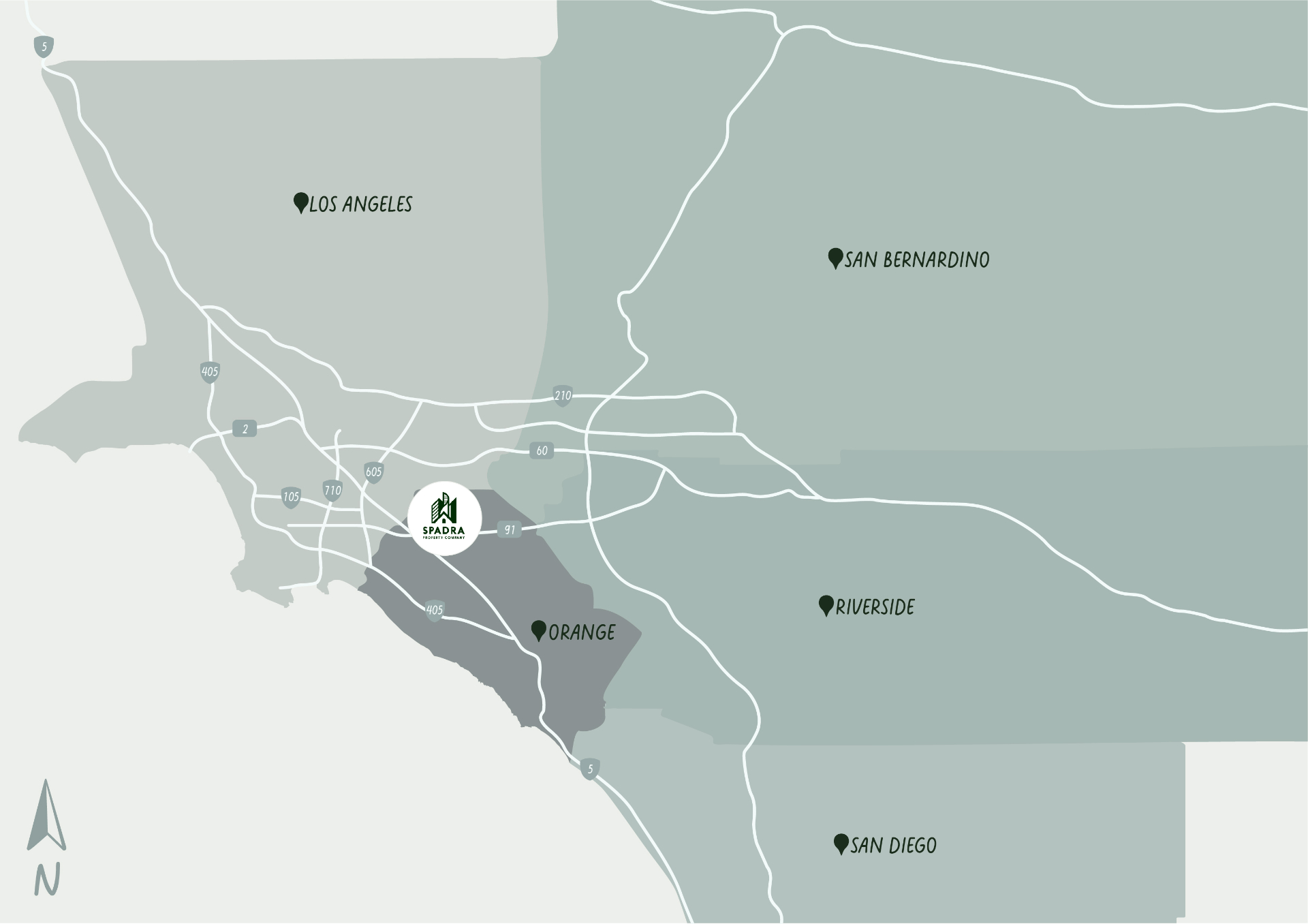 Map of Spadra Property Company's Southern California coverage area, Los Angeles, Orange, Riverside, San Bernardino, San Diego, and Ventura counties